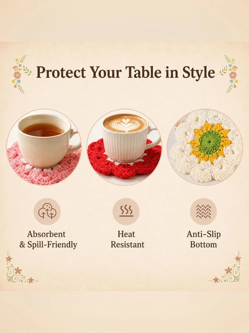 Cute Flower Crochet Coasters Set - Multicolor